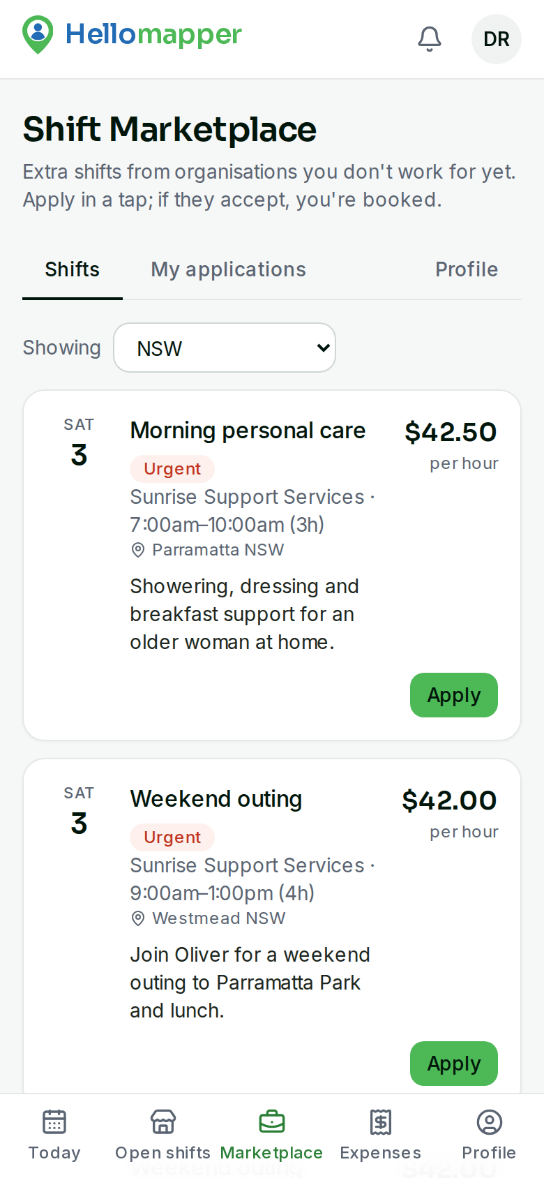 Shift Marketplace on a worker's phone with nearby shifts to apply for